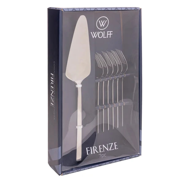 CJ. 7 PEÇAS EM AÇO INOX - ESPÁTULA P/ BOLO E 6 GARFOS P/ SOBREMESA  WOLFF