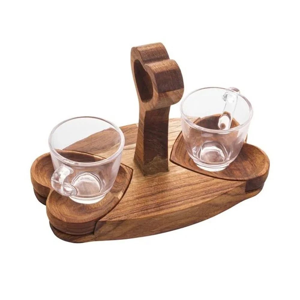 CONJUNTO 2 XÍCARAS CAFÉ CORAÇÃO MADEIRA TECA - WOODART