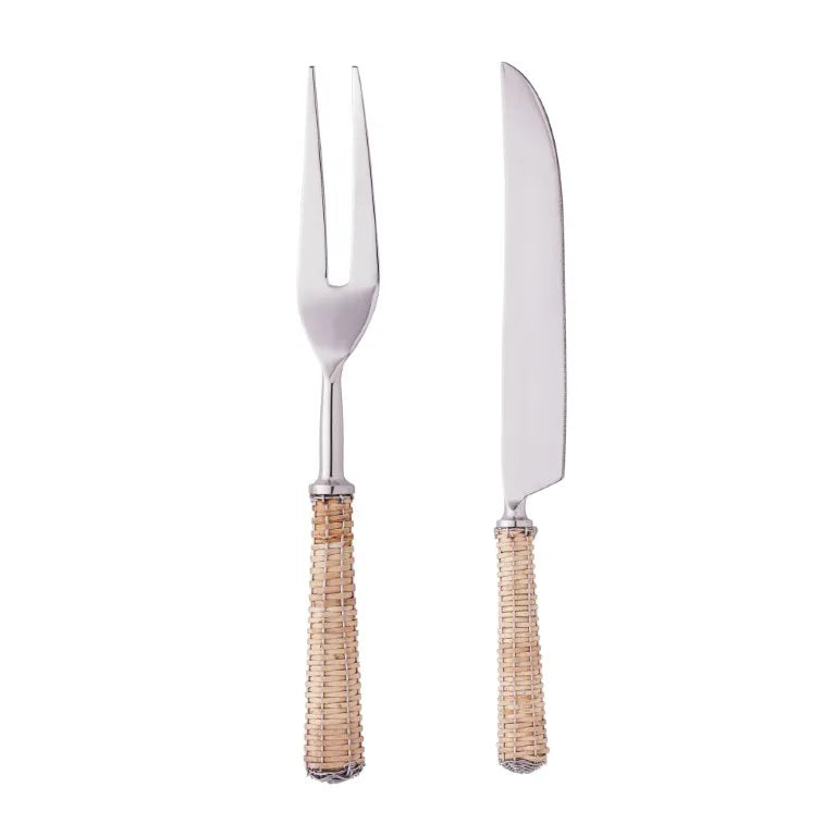 CONJUNTO 2 PÇS FACA E GARFO AÇO INOC PARA ASSADO COM CABO RATTAN PRATA WOLFF